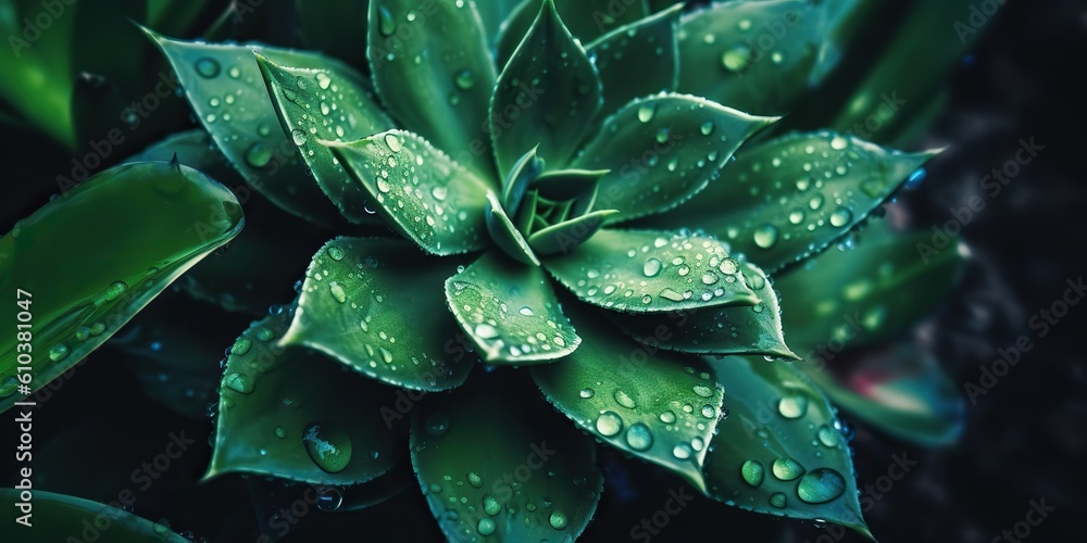 AI Generated. AI Generative. Green tropic exotic plant flower leaf succulent with water rain drop illustration photo. Graphic Art AI Generated. AI Generative. Green tropic exotic plant flower leaf succulent with water rain drop illustration photo. Graphic Art