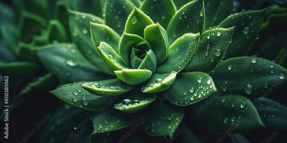 AI Generated. AI Generative. Green tropic exotic plant flower leaf succulent with water rain drop illustration photo. Graphic Art AI Generated. AI Generative. Green tropic exotic plant flower leaf succulent with water rain drop illustration photo. Graphic Art