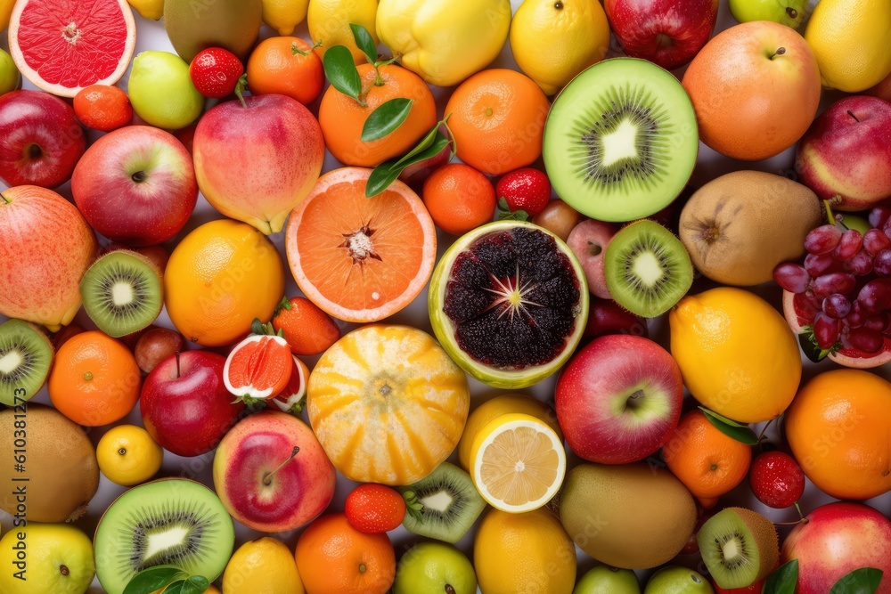 Background of many different fruits. Top view. Flat lay. Healthy food concept. Generative AI