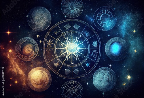 Zodiac signs and horoscope circle. Zodiac background. Astrology concept. Generative AI