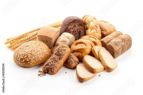 Composition with bread and rolls on white background. Generative AI