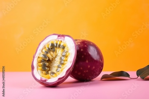Passion fruit on orange background. Passion fruit is a tropical fruit with a sweet flavor. Generative AI
