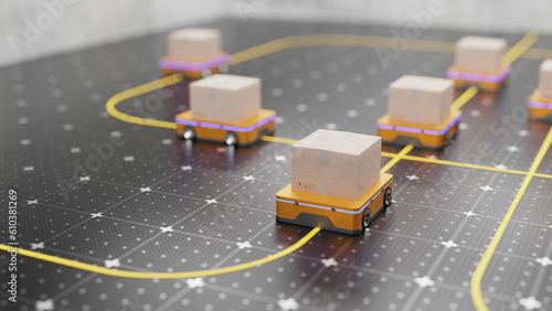AGV robots delivering cardboard boxes to a logistics distribution center. Robots move along the yellow line. Automated AGV robots for retail warehouse. . 3d render. photo