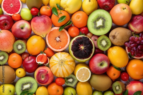 Background of many different fruits. Top view. Flat lay. Healthy food concept. Generative AI