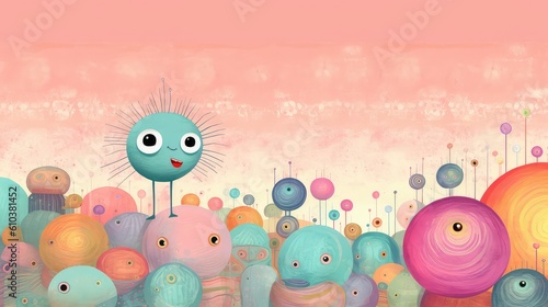 Cute Strange Cartoon Characters With Pastel Background ; Generating AI Illustration