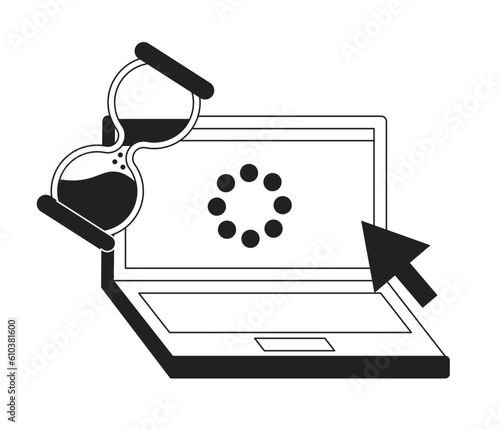 Loading notebook monochrome concept vector spot illustration. Laptop with hourglass and arrow cursor 2D flat bw cartoon object for web UI design. Slow internet isolated editable hand drawn hero image