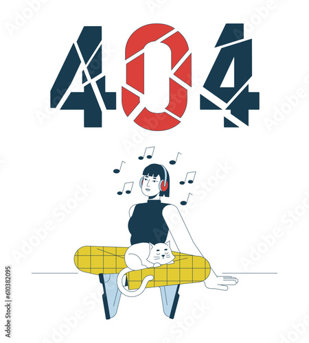 Music listening error 404 flash message. Asian headphones girl with cat. Enjoying beats. Empty state ui design. Page not found popup cartoon image. Vector flat illustration concept on white background