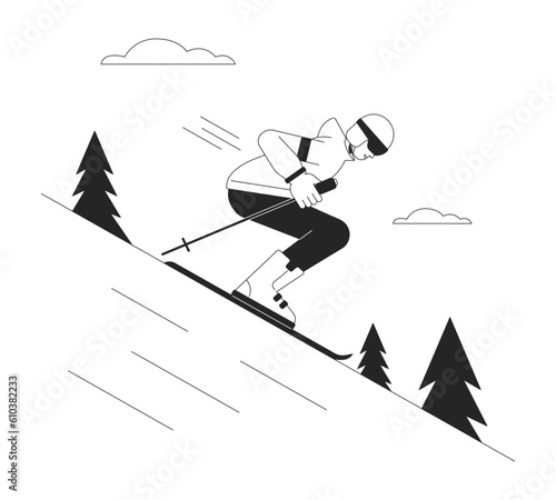 Skiing downhill bw vector spot illustration. Freeskier holding ski sticks 2D cartoon flat line monochromatic character for web UI design. Skiing resort editable isolated outline hero image