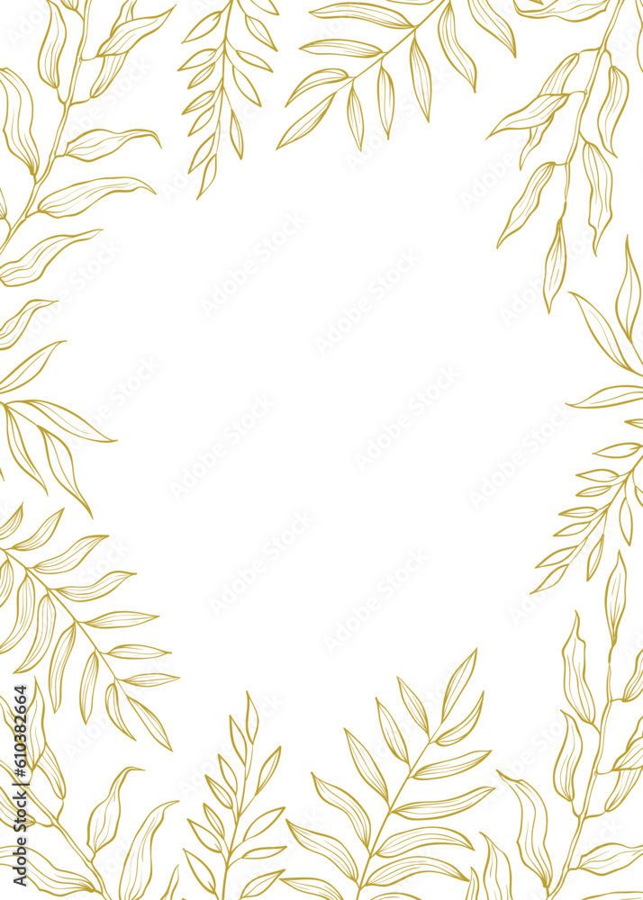 Herbal mix vector frame in line style. Hand draw plants, branches and leaves on white background. Coloring frame