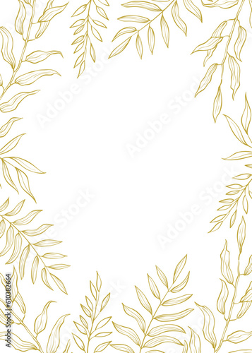Herbal mix vector frame in line style. Hand draw plants, branches and leaves on white background. Coloring frame