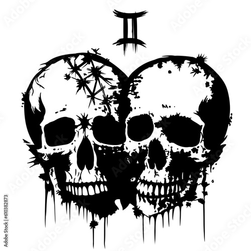 Vector black and white illustration isolated on white. Two human skulls, as a zodiac sign Gemini.