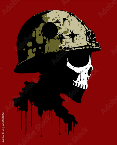 Concept: anti-war poster; No war; death at the front; the futility of war. Soldier of Fortune. Vector color illustration isolated in red. Human skull in a military helmet.