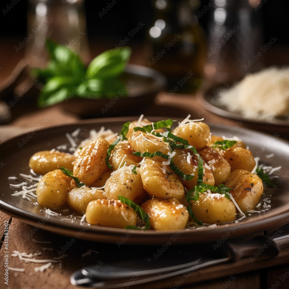 An image of a delicious plate of gnocchi topped with a rich, sauce, garnished with fresh basil leaves and grated Parmesan cheese. 