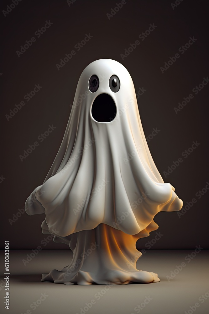Cute Cartoon Ghost Character Haunting a House for Halloween. Generative AI