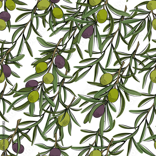 Seamless pattern with branches of olive fruits. Vector illustration.