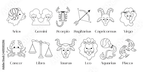 Astrological zodiac signs out line art. Aries, Taurus, Leo, Gemini, Virgo, Scorpio, Libra, Aquarius, Sagittarius, Pisces, Capricorn, Cancer. Constellations. Vector illustration isolated on background