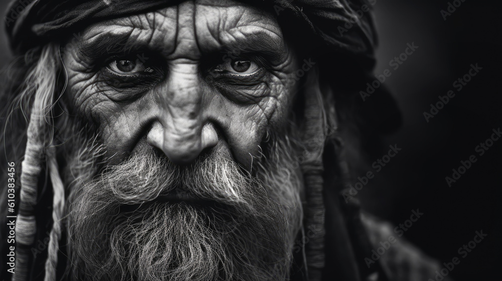 Old Pirate with an arrogant look and wrinkles on the skin. old man looking badass with a bushy white beard. Generative Ai