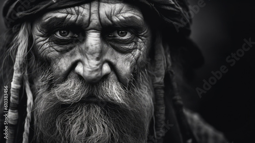 Old Pirate with an arrogant look and wrinkles on the skin. old man looking badass with a bushy white beard. Generative Ai