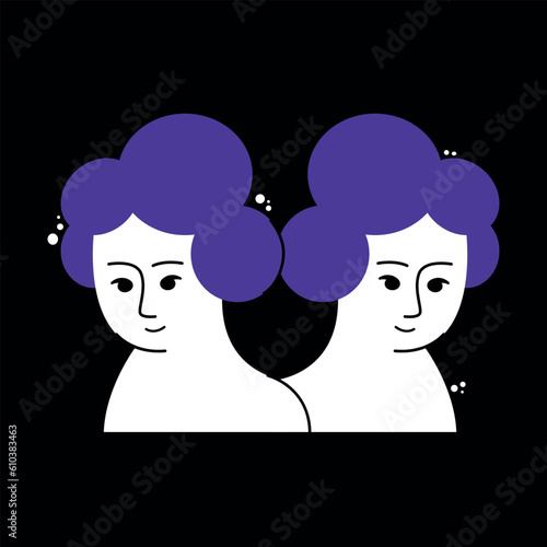 Astrological zodiac sign. Gemini Symbol. Constellations. Portrait of gemini Heads. Colorful isolated icon. Cartoon style. Logo, print, avatar template. Vector illustration isolated on background