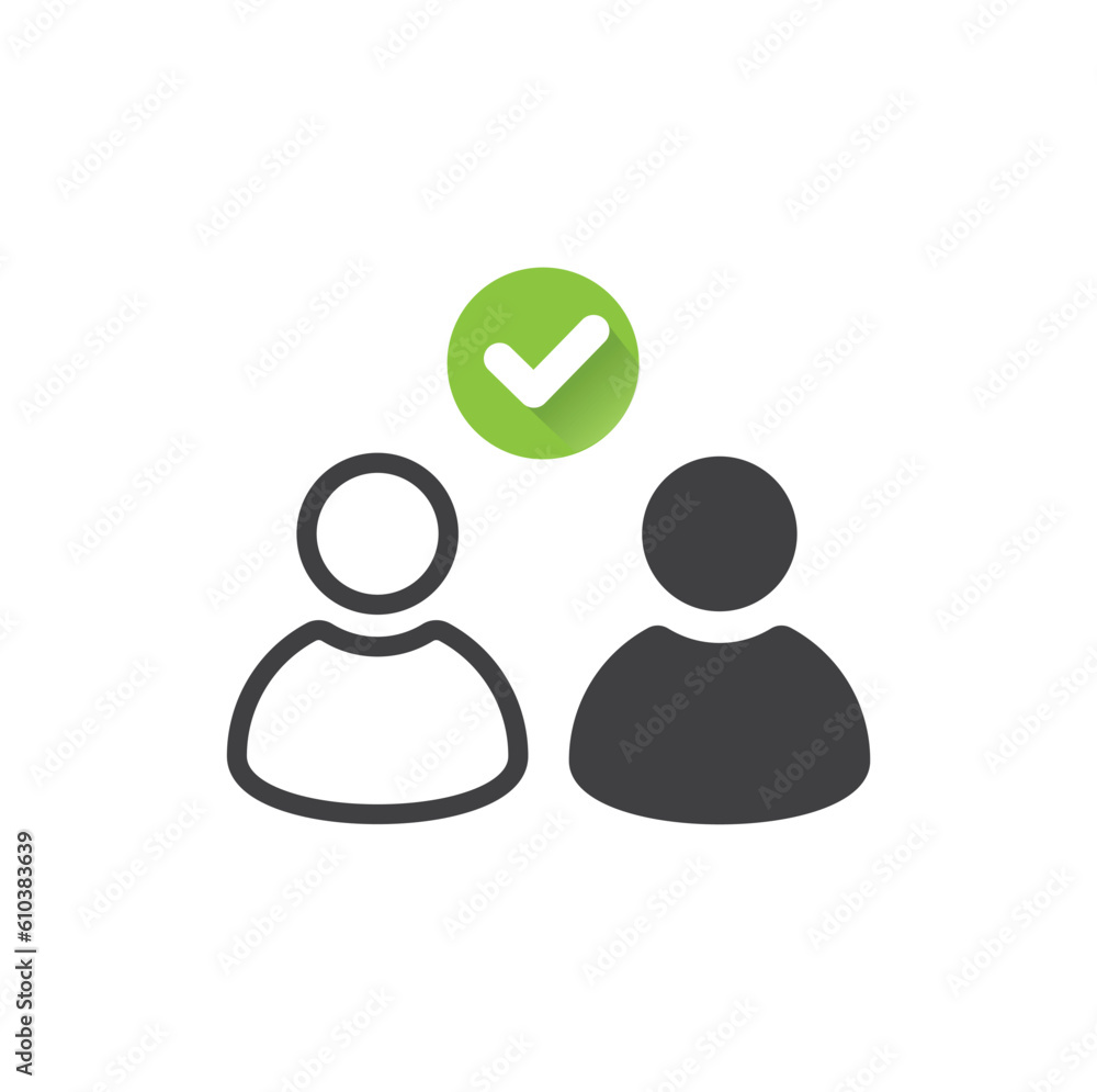 Two people users with green check mark, icon, vector, pictogram. Two people users with green check mark, icon, vector, pictogram.