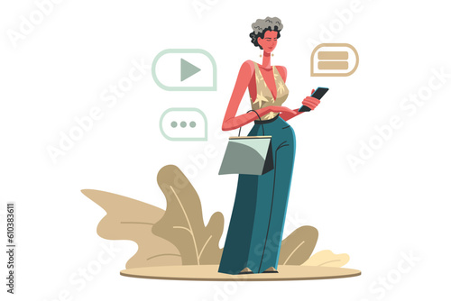 Modern business lady. Female character involved in online communication. Serious stylish entrepreneur with handbag over arm looking at smartphone touchscreen. Vector illustration