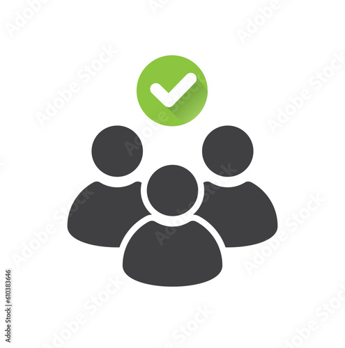 Partners, group, community, user with check mark.