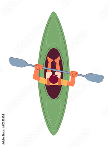 Young man with paddle sitting in canoe top view semi flat colorful vector character. Kayak water sports. Editable full body person on white. Simple cartoon spot illustration for web graphic design