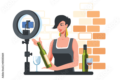 Female vlogger telling about tasting alcoholic beverages at home. Young woman showing open bottle of wine in front of smartphone camera. Vector illustration