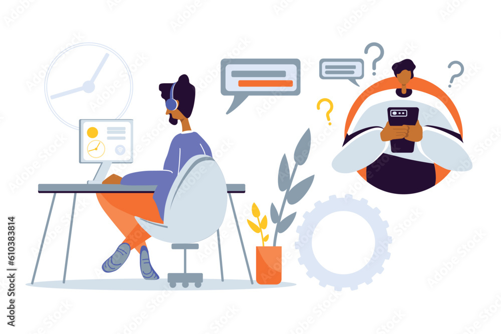 Responding to technical queries. Hotline worker seated at laptop in headphones taking incoming call from client in company office. Vector illustration Responding to technical queries. Hotline worker seated at laptop in headphones taking incoming call from client in company office. Vector illustration
