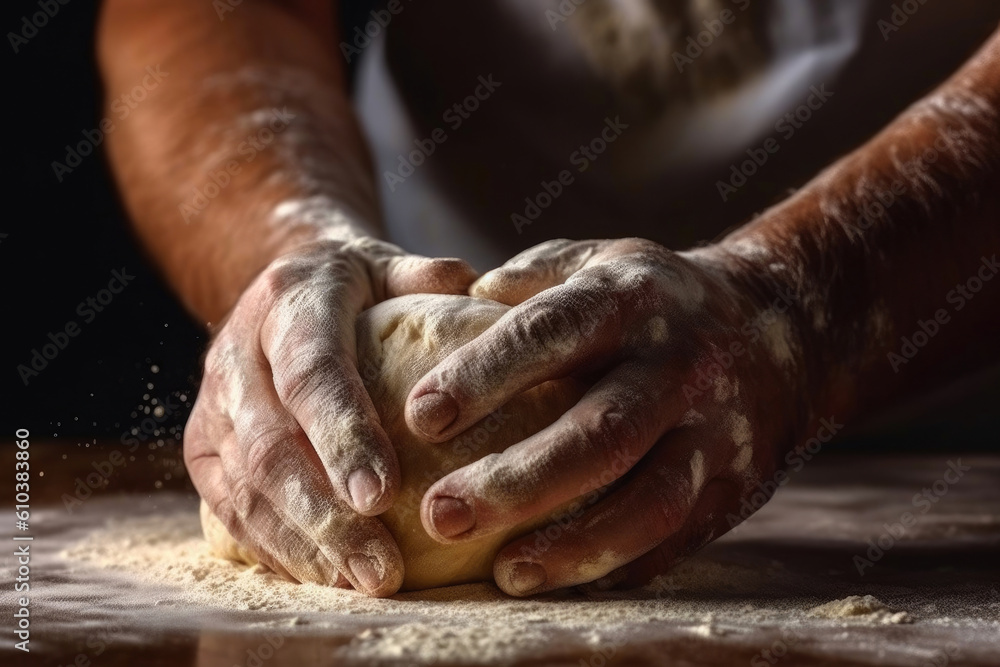 Close-Up: Skilled Baker Kneading the Perfect Dough. Generative AI