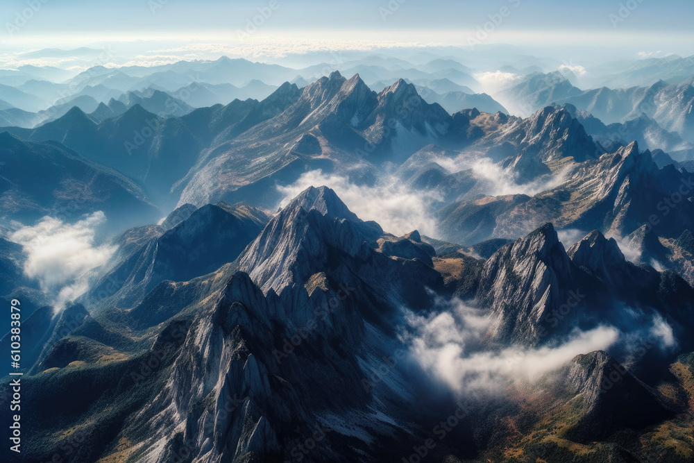 Clouds Above the Summit: Alpine Dreamscapes Unveiled. Generative AI