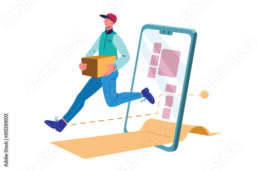 Male character is running along route with box in his hands. Urban lifestyle. Express delivery of order. Phone application for transport services. Carrying load by hand. Technology and logistics