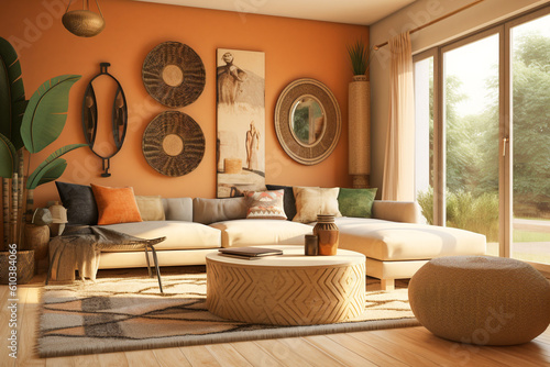 Cozy living room with sofa and chairs. Orange, green and black colors. African eco interior design. Super photo realistic background, generative ai illustrarion