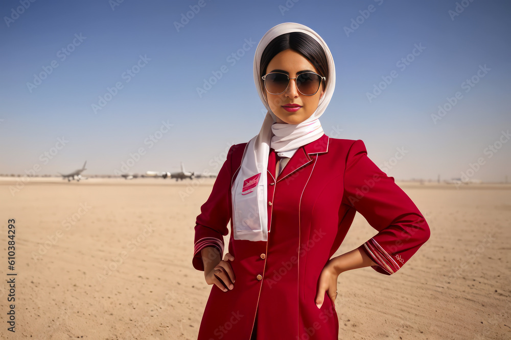 Portrait of the wonderful Arab female stewardess takes a selfie against the background of the take-off field of Dubai airport. Generative AI Portrait of the wonderful Arab female stewardess takes a selfie against the background of the take-off field of Dubai airport. Generative AI