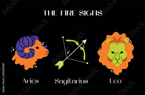 Astrological fire zodiac signs. Aries, Leo, Sagittarius Symbols. Constellations. Vector illustration isolated on background