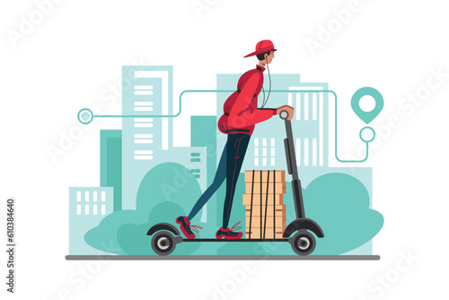 Young courier delivering parcels using scooter. Delivery to pedestrian zone, transportation of small loads. Careful transportation, transfer from hand to hand. Fast delivery services