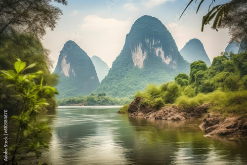 Serene Beauty of Li River. Generative AI