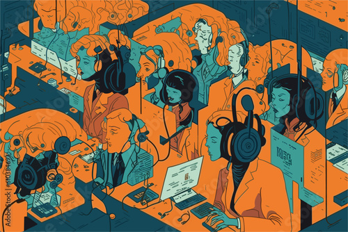 Employees collaboration wearing headsets while working in a vector art illustration, portraying professionalism and efficiency.