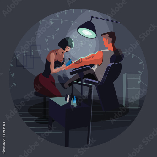 Professional tattooist tattooing male client in salon. Skilled female tattoo artist in gloves applying design on arm of adult man. Vector illustration