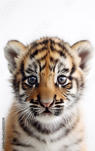Cute little tiger cub with big blue eyes - ai generative