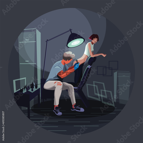 Tattoo artist involved in work in salon. Professional male tattooist in gloves drawing design on right thigh of young Asian woman. Vector illustration