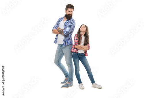 Family man. Man and small child in photo studio. Bearded man and little girl enjoy playing together. Hipster and cute kid in casual style. Father and daughter relationship. Fatherhood changes a man