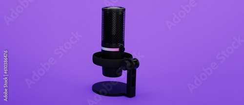 3D rendering of black studio condenser microphone isolated on purple background. Concept of cloud gaming and game streaming services 3d illustration