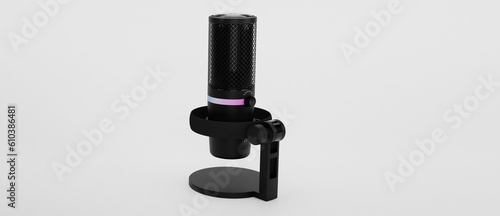 3D rendering of black studio condenser microphone isolated on white background. Concept of cloud gaming and game streaming services 3d illustration