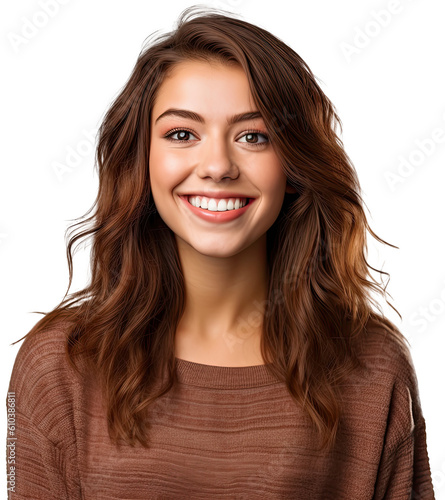 Portrait of a smiling brunette woman isolated on a transparent background, generative AI human photo