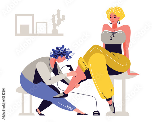 Tattoo on leg. Master painstakingly applies drawing with pen. Female character makes tattoo in professional salon. Painting human body with needle machine. Color illustration in flat style