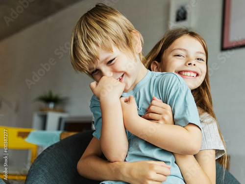 Fotografie child girl boy childhood kid brother sister love family together portrait fun ha
