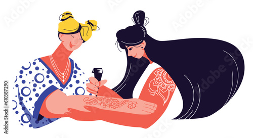 Drawing human body. Female character holds henna tube and applies pattern to client hand. Traditional body decoration with herbal paints. Unstable, washable tattoo. Creative profession