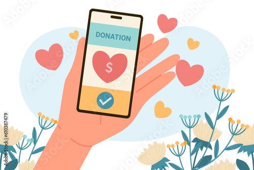 People hand holding phone with donation mobile app. Person holding smartphone to donate money support, solidarity concept vector illustration