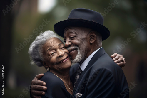 Generative AI illustration of Black Couple of old people hugging and in love in a park in autumn time